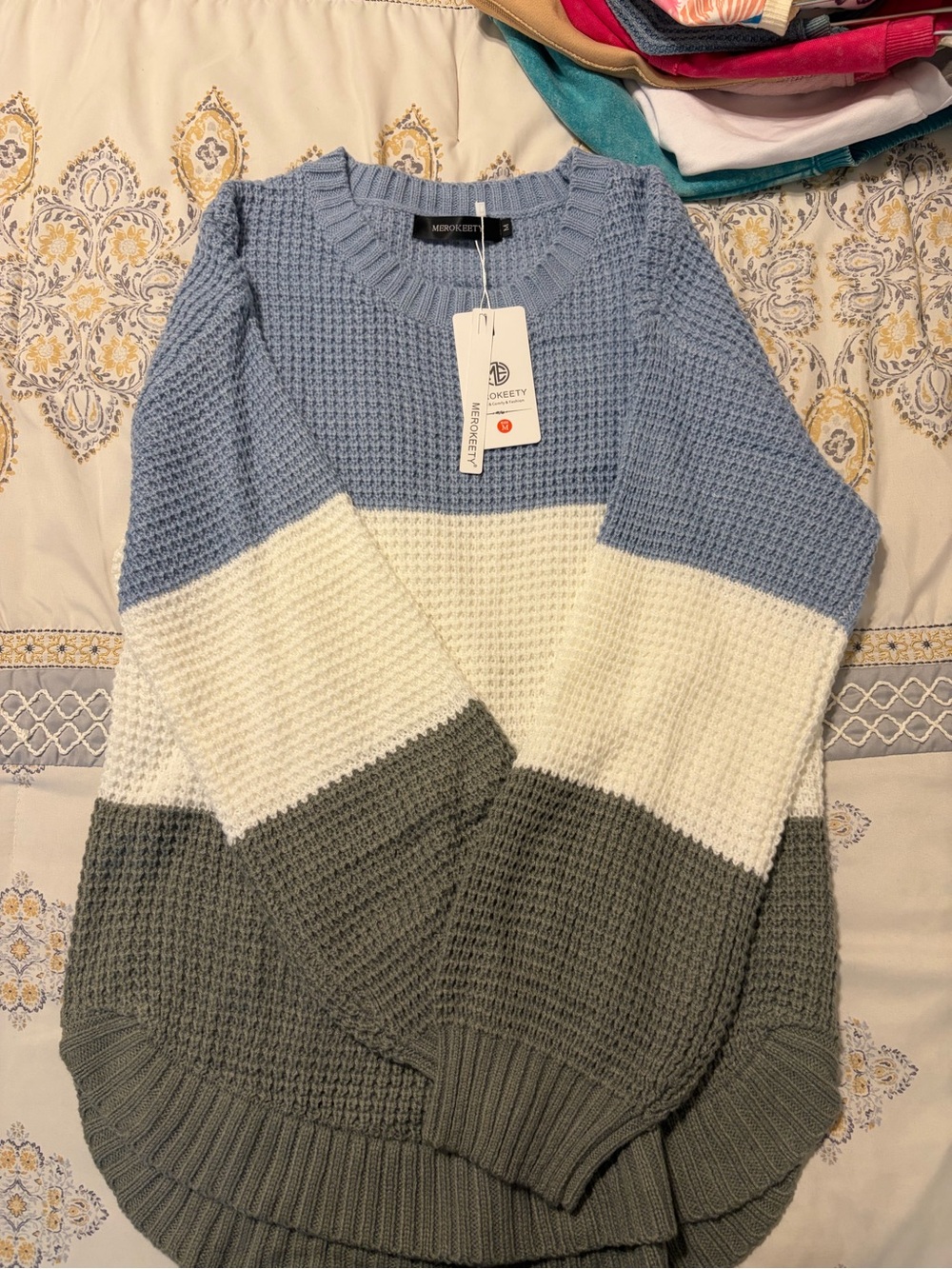 Waffle-Knit Colorblock Crew Sweater - Blue, White & Gray